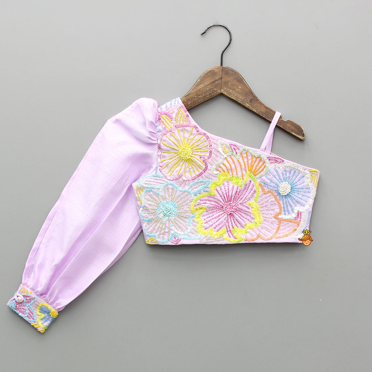 Lilac One Shoulder Floral Embroidered Top With Palazzo And Attached Heart Shaped Pouch