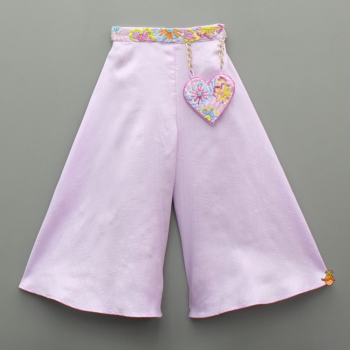 Lilac One Shoulder Floral Embroidered Top With Palazzo And Attached Heart Shaped Pouch
