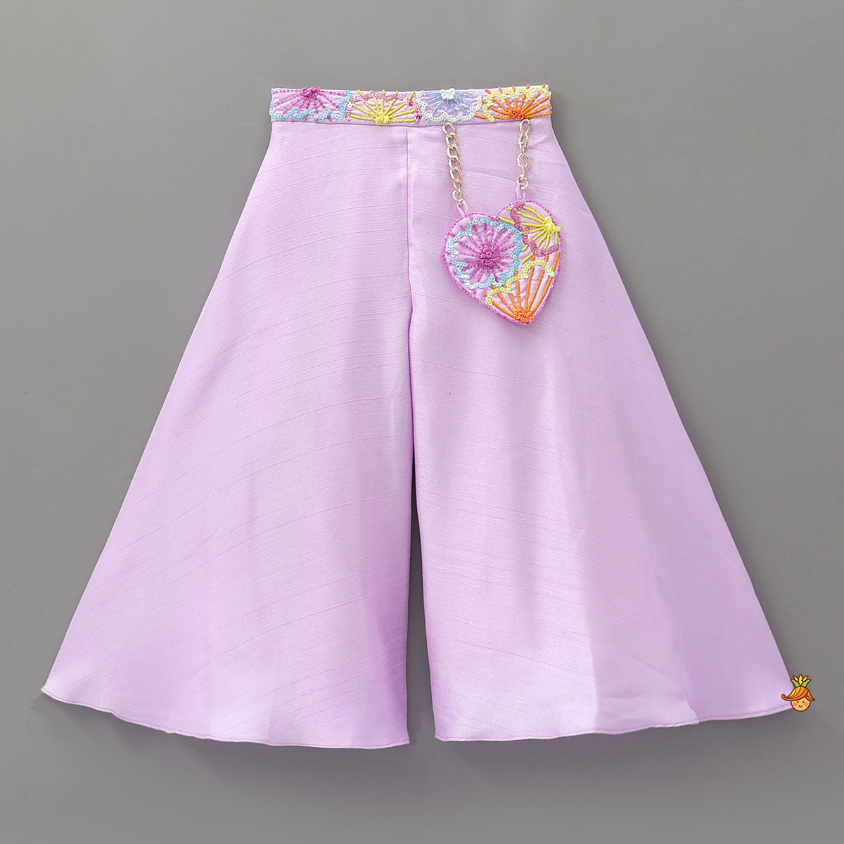 Lilac One Shoulder Floral Embroidered Top With Palazzo And Attached Heart Shaped Pouch