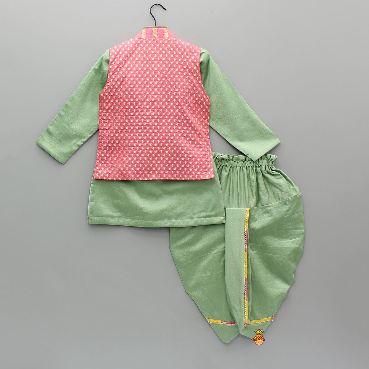 Green Kurta With Prink Brocade Jacket And Dhoti