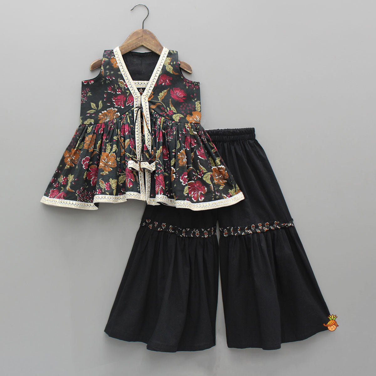 Strappy Printed Top With Sleeveless Peplum Kurti And Sharara