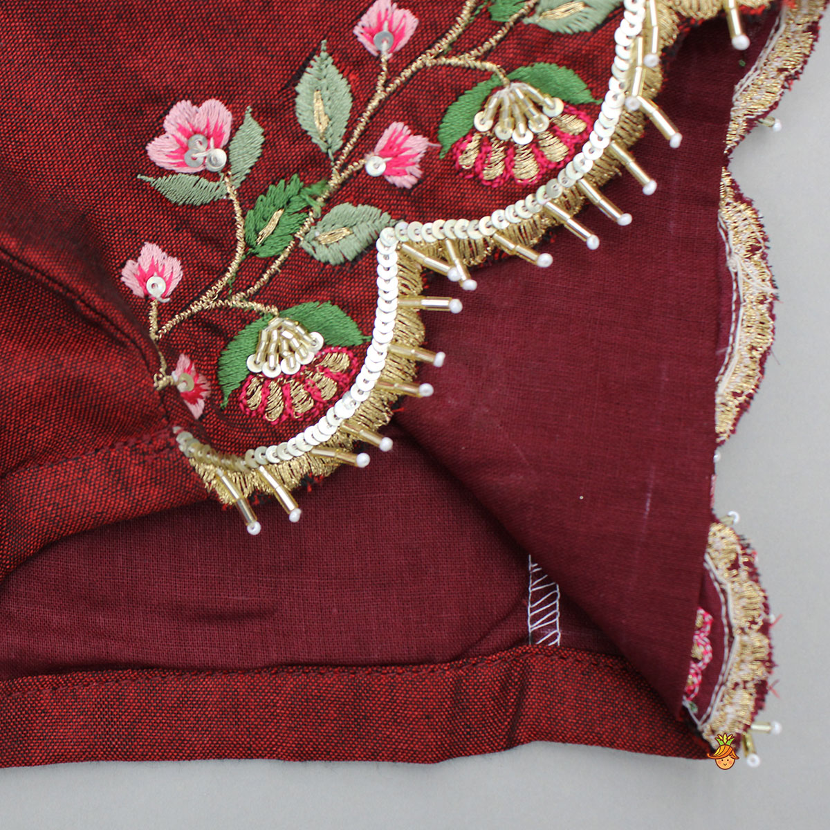 Maroon Floral-Embroidered Top And Pleated Lehenga