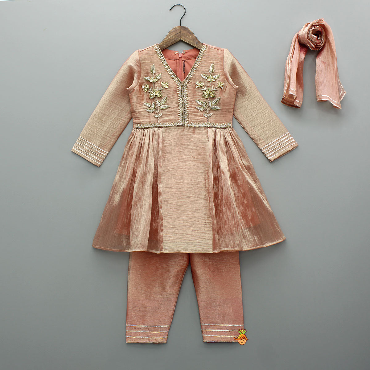 Peach Sheen Embroidered Kurti With Pant And Dupatta
