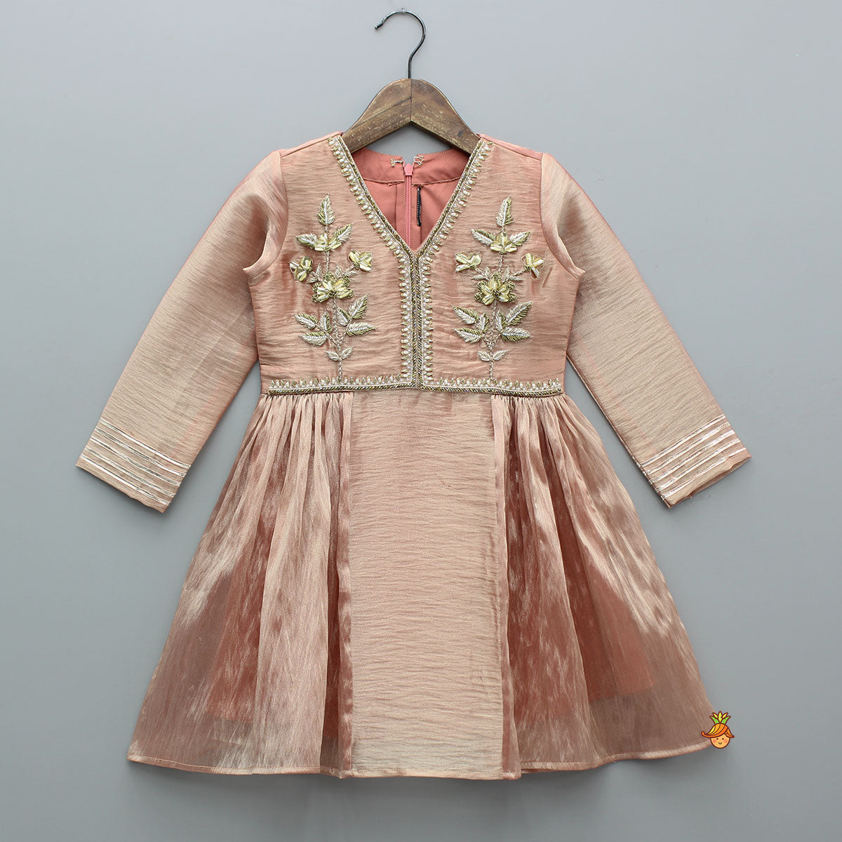 Peach Sheen Embroidered Kurti With Pant And Dupatta
