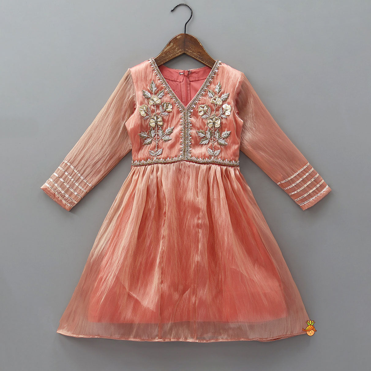 Peach Shimmery Embroidered Kurti With Pant And Dupatta
