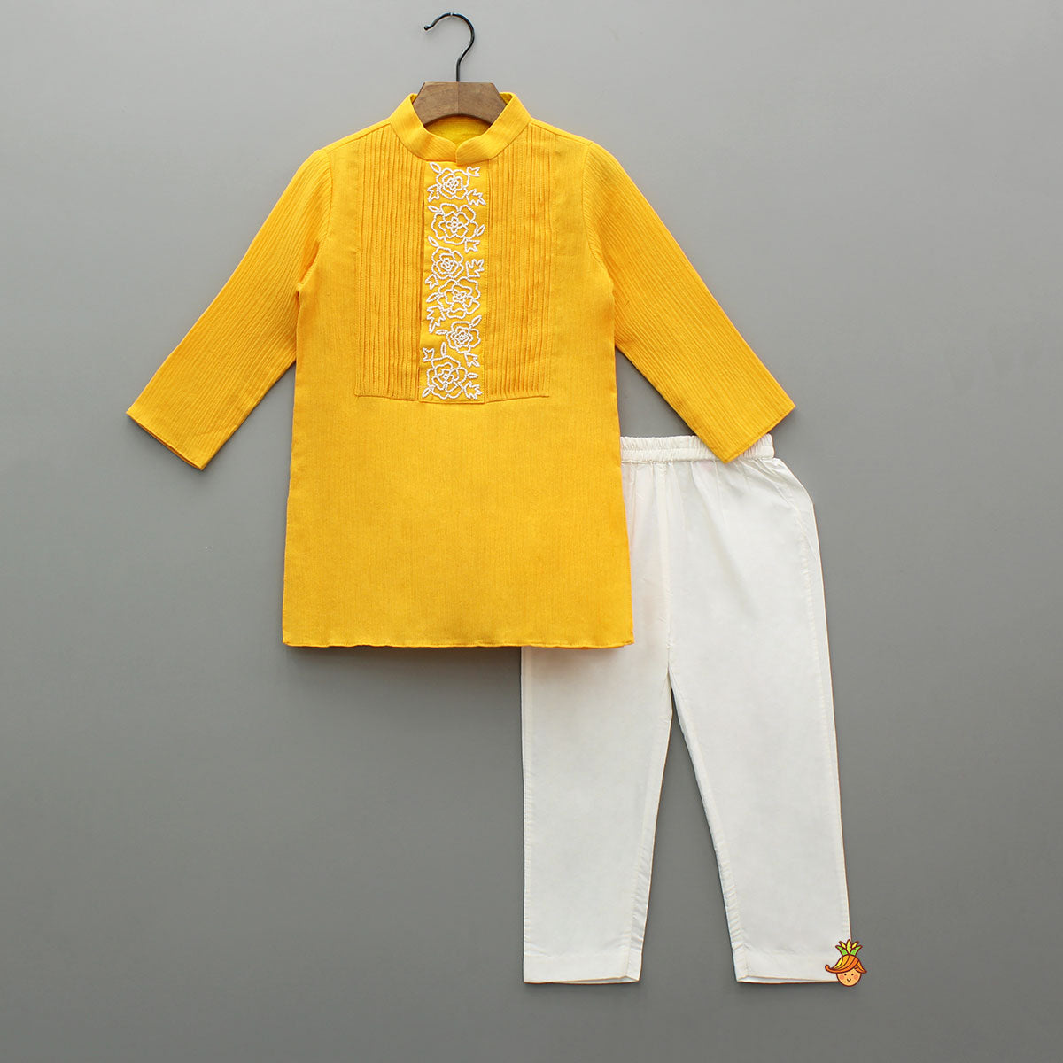Yellow Embroidered Pin Tuck Detailed Kurta With Pyjama