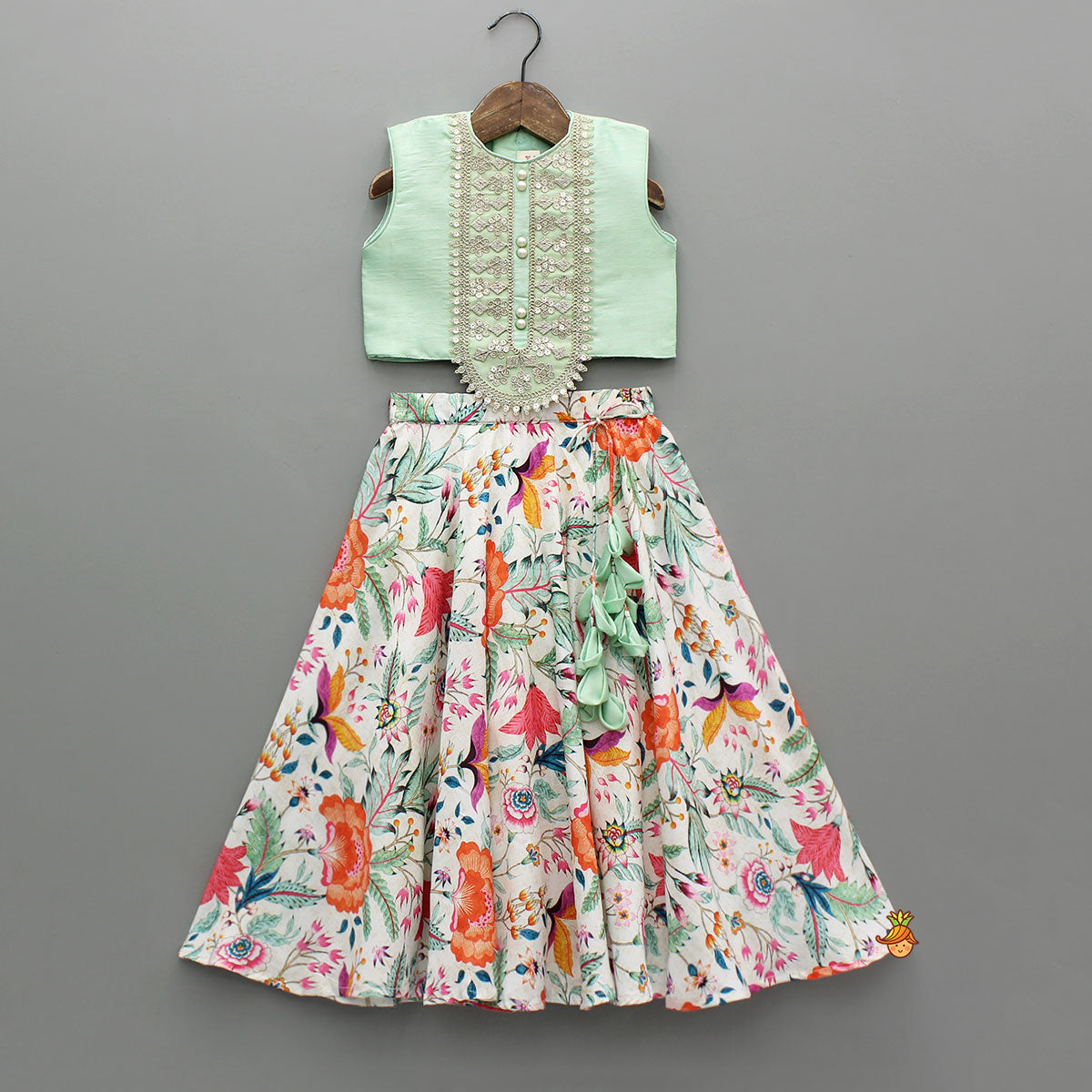Green Sleeveless Top With Multicolour Printed Lehenga