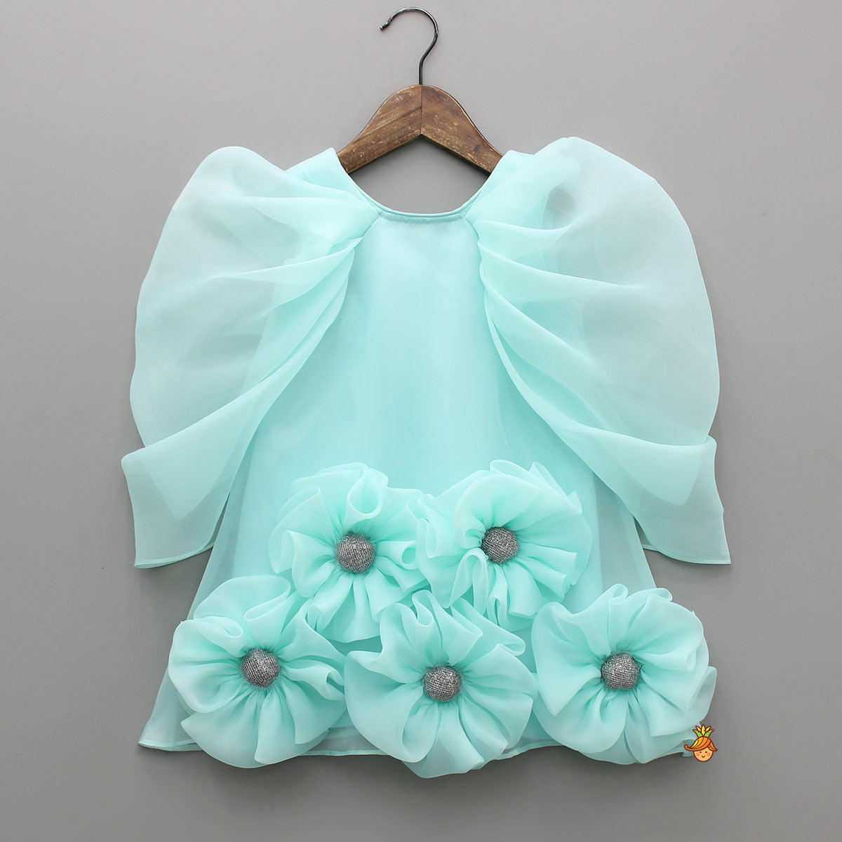 Fabric Flowers Embellished Blue Dress