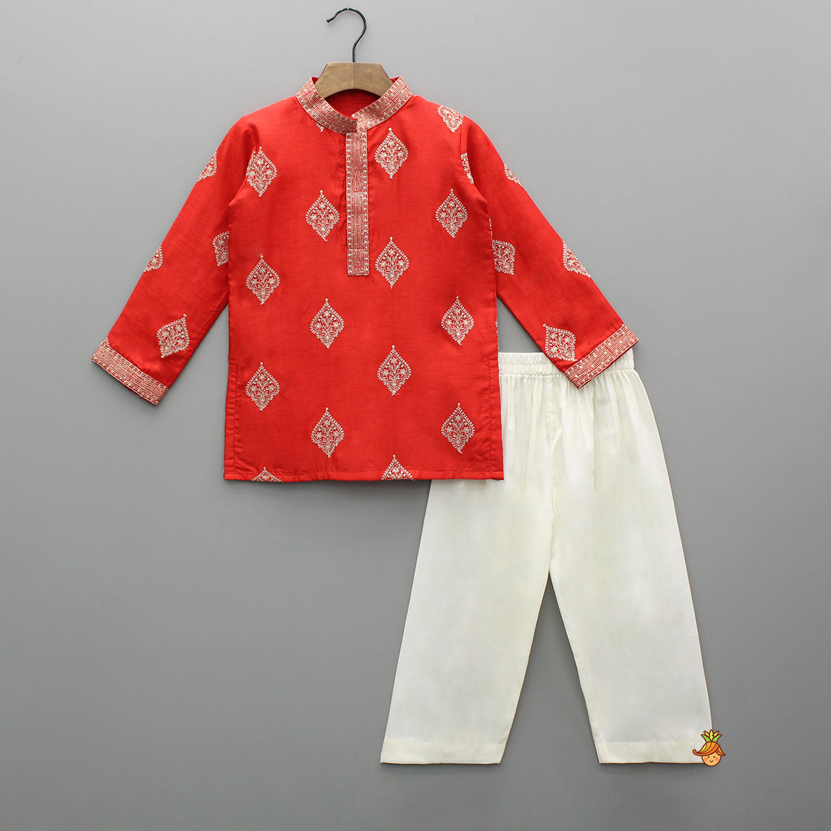 Ethnic Red Motif Embroidered Kurta With Pyjama