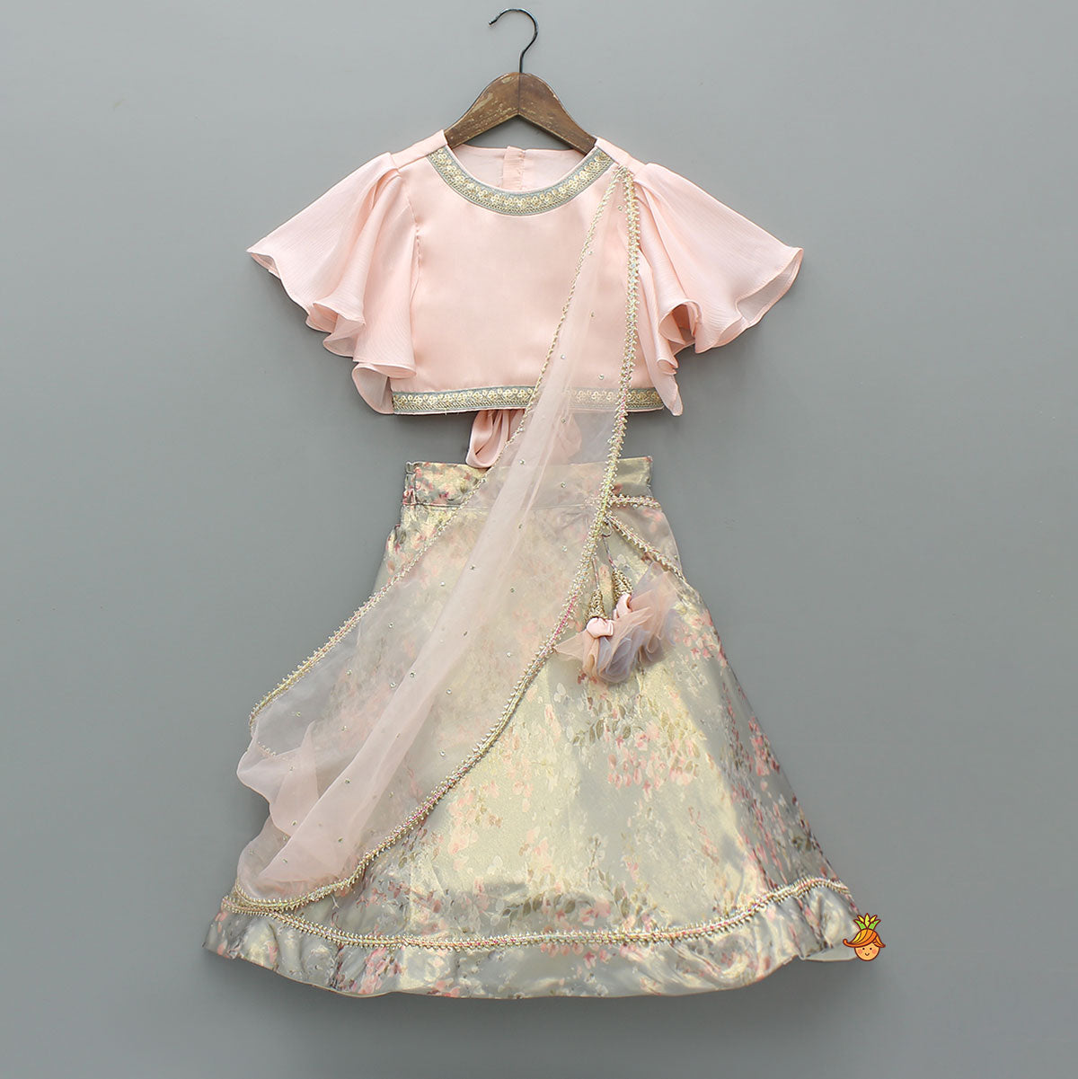 Peach Ruffle Sleeves Top With Shimmery Floral Lehenga And Attached Dupatta