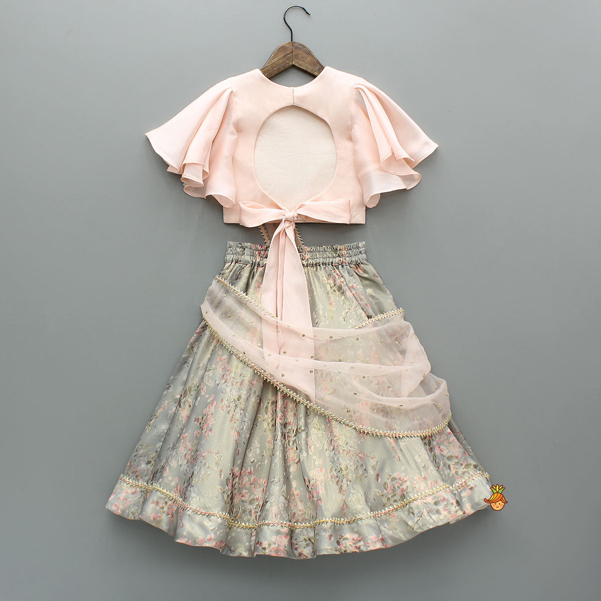 Peach Ruffle Sleeves Top With Shimmery Floral Lehenga And Attached Dupatta