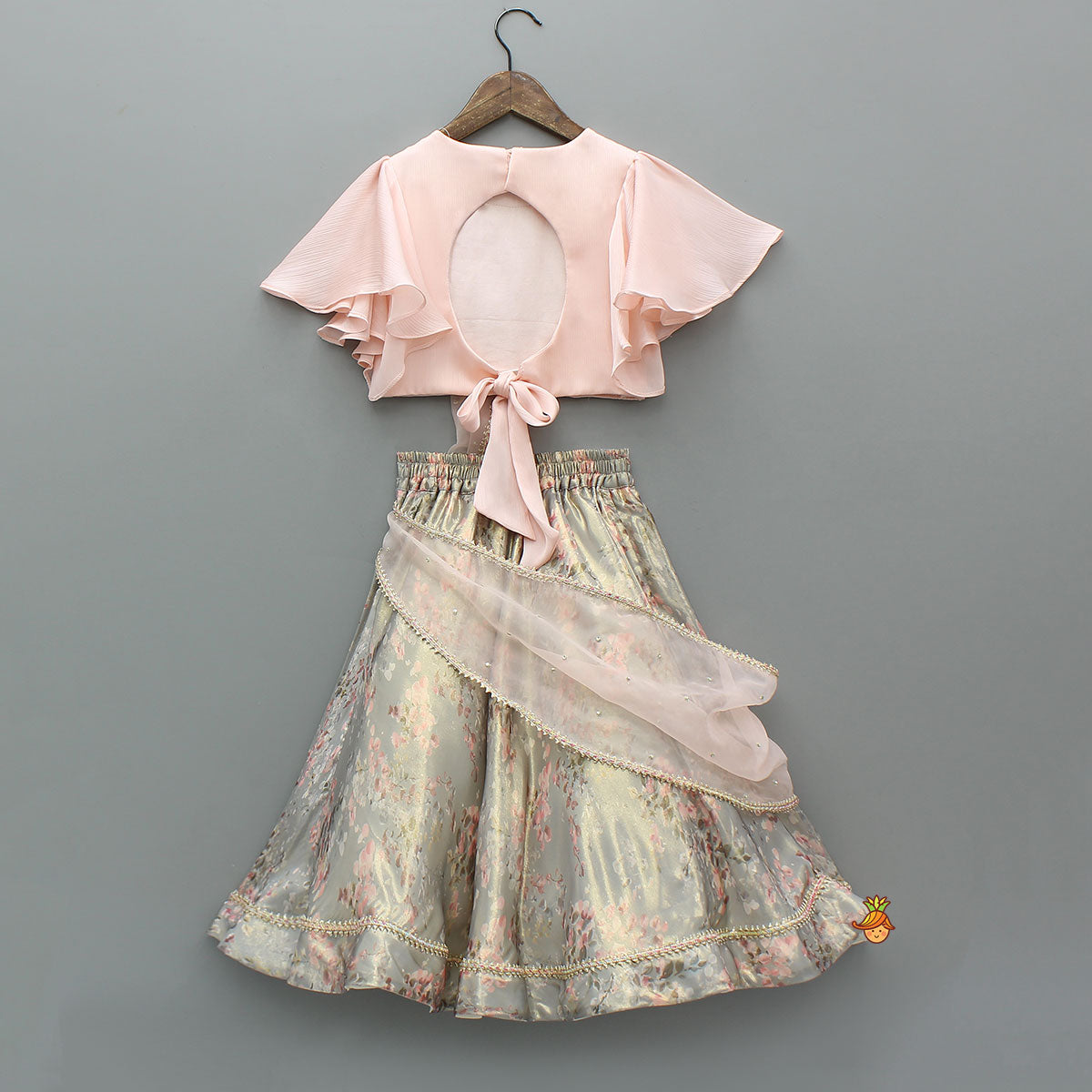 Peach Ruffle Sleeves Top With Shimmery Floral Lehenga And Attached Dupatta