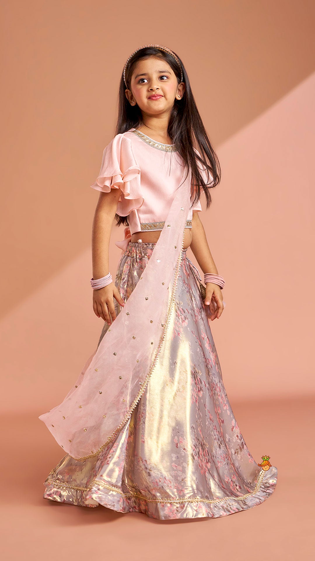 Peach Ruffle Sleeves Top With Shimmery Floral Lehenga And Attached Dupatta