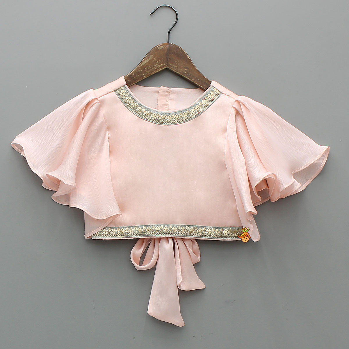 Peach Ruffle Sleeves Top With Shimmery Floral Lehenga And Attached Dupatta