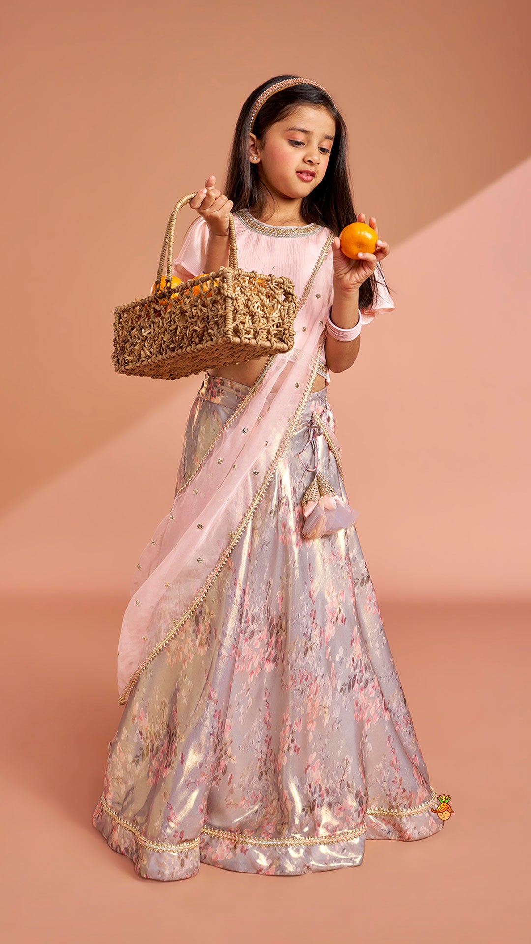 Peach Ruffle Sleeves Top With Shimmery Floral Lehenga And Attached Dupatta