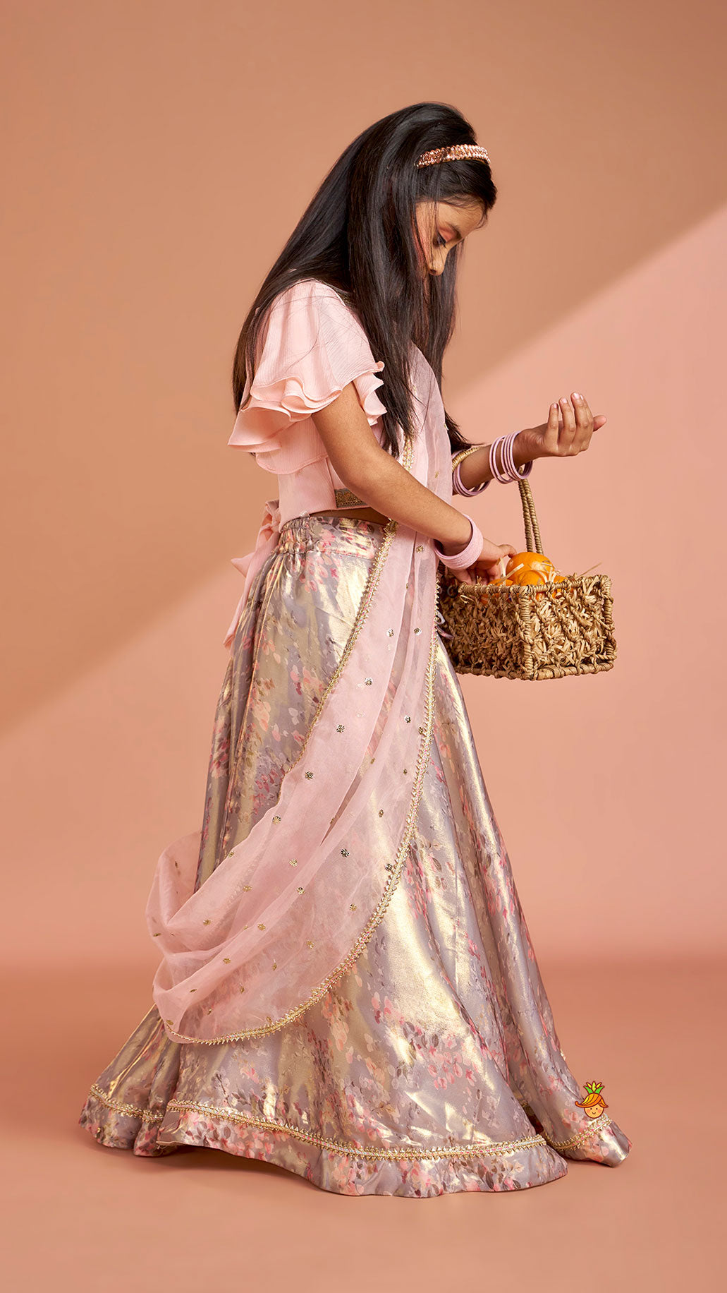 Peach Ruffle Sleeves Top With Shimmery Floral Lehenga And Attached Dupatta