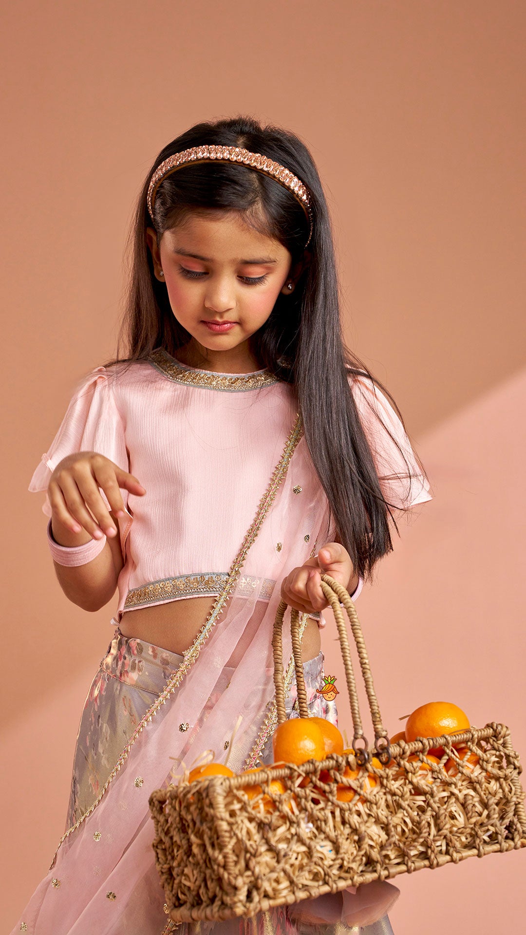 Peach Ruffle Sleeves Top With Shimmery Floral Lehenga And Attached Dupatta