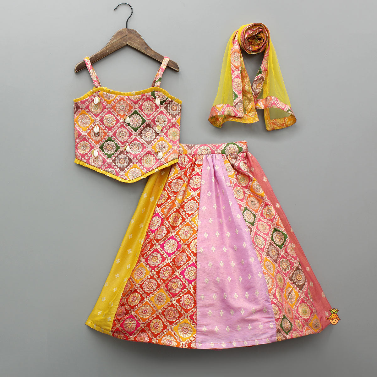 Multicolour Strappy Brocade Top With Panelled Lehenga And Dupatta
