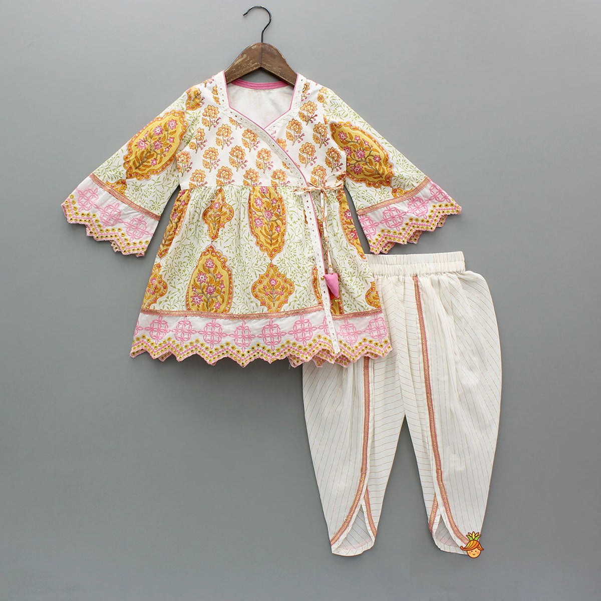 Angarkha Style Floral Printed Cotton Kurti With Dhoti