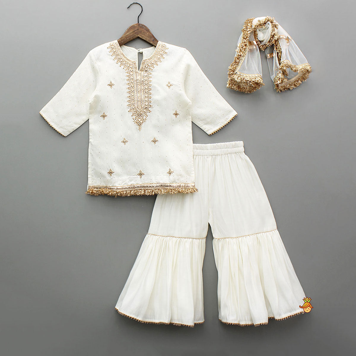 Elegant Faux Mirror Embroidered Chanderi Kurti With Sharara And Dupatta