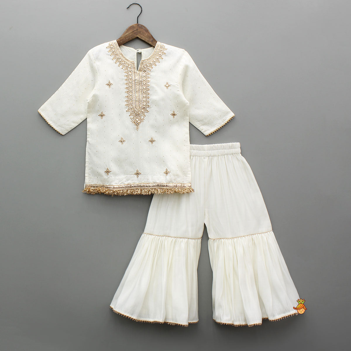 Elegant Faux Mirror Embroidered Chanderi Kurti With Sharara And Dupatta