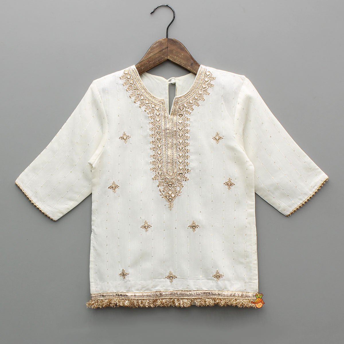 Elegant Faux Mirror Embroidered Chanderi Kurti With Sharara And Dupatta