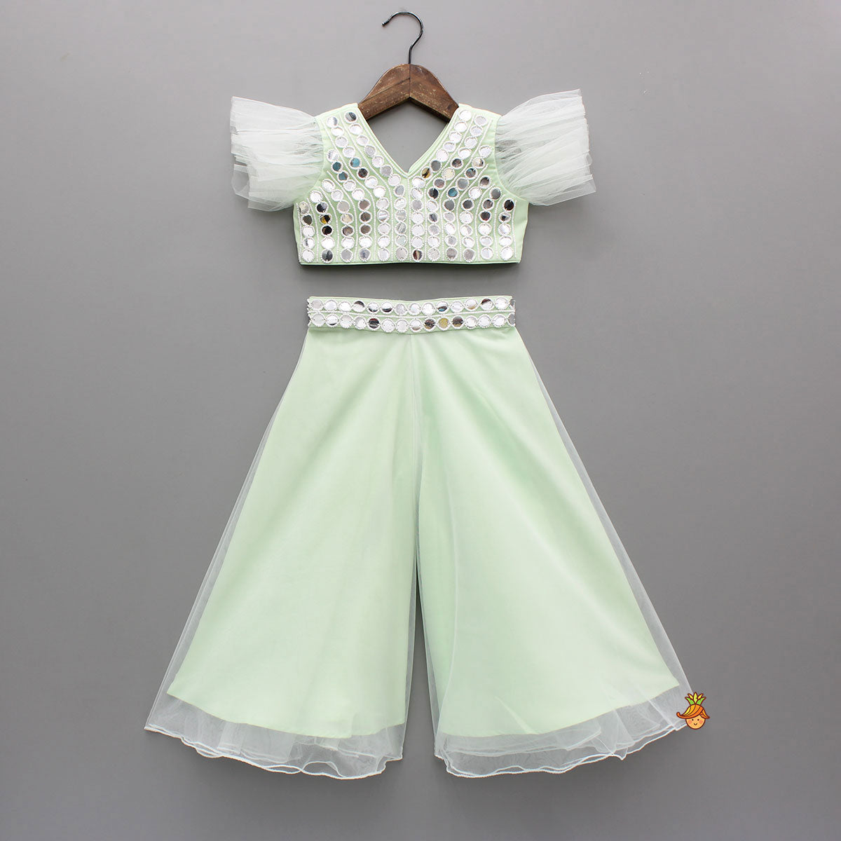 Beautiful Green Faux Mirror Embroidered Top With Net Palazzo