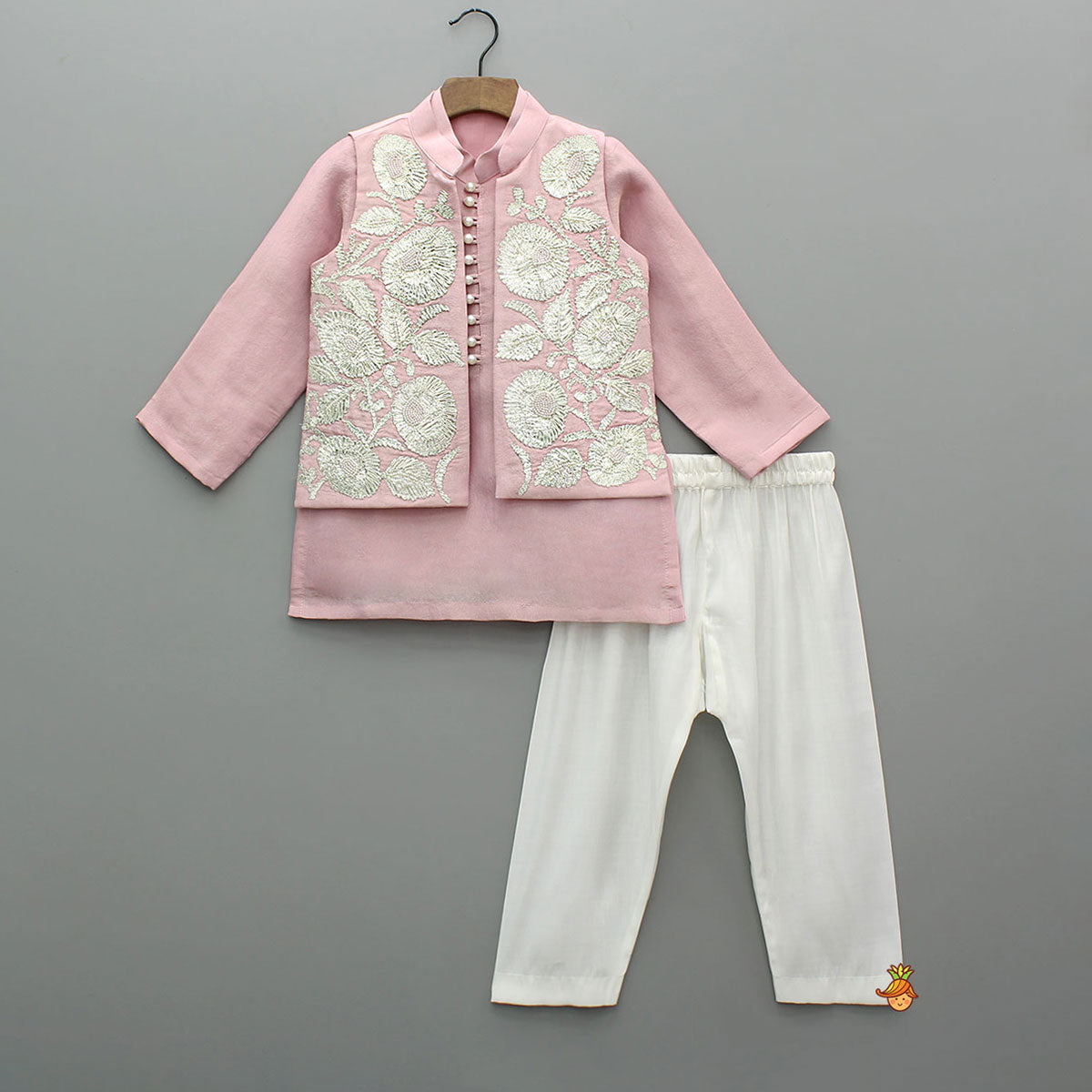 Shimmery Pink Kurta With Shimmery Front Open Hand Embroidered Jacket And Pyjama