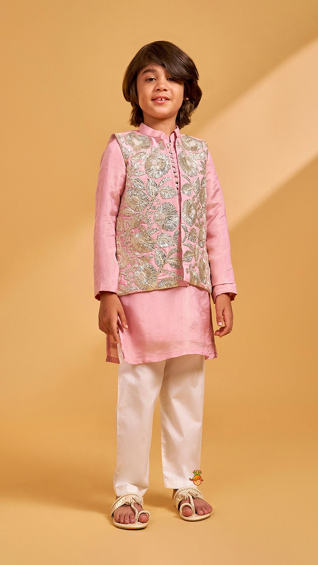 Shimmery Kurta With Shimmery Front Open Hand Embroidered Jacket And Pyjama