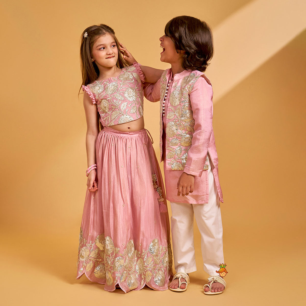 Shimmery Kurta With Shimmery Front Open Hand Embroidered Jacket And Pyjama twinning model image 3
