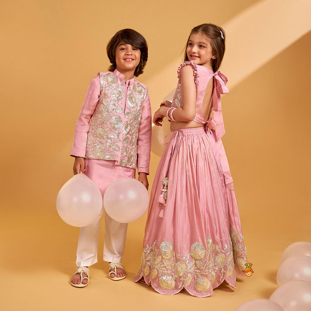 Shimmery Kurta With Shimmery Front Open Hand Embroidered Jacket And Pyjama twinning model image 4