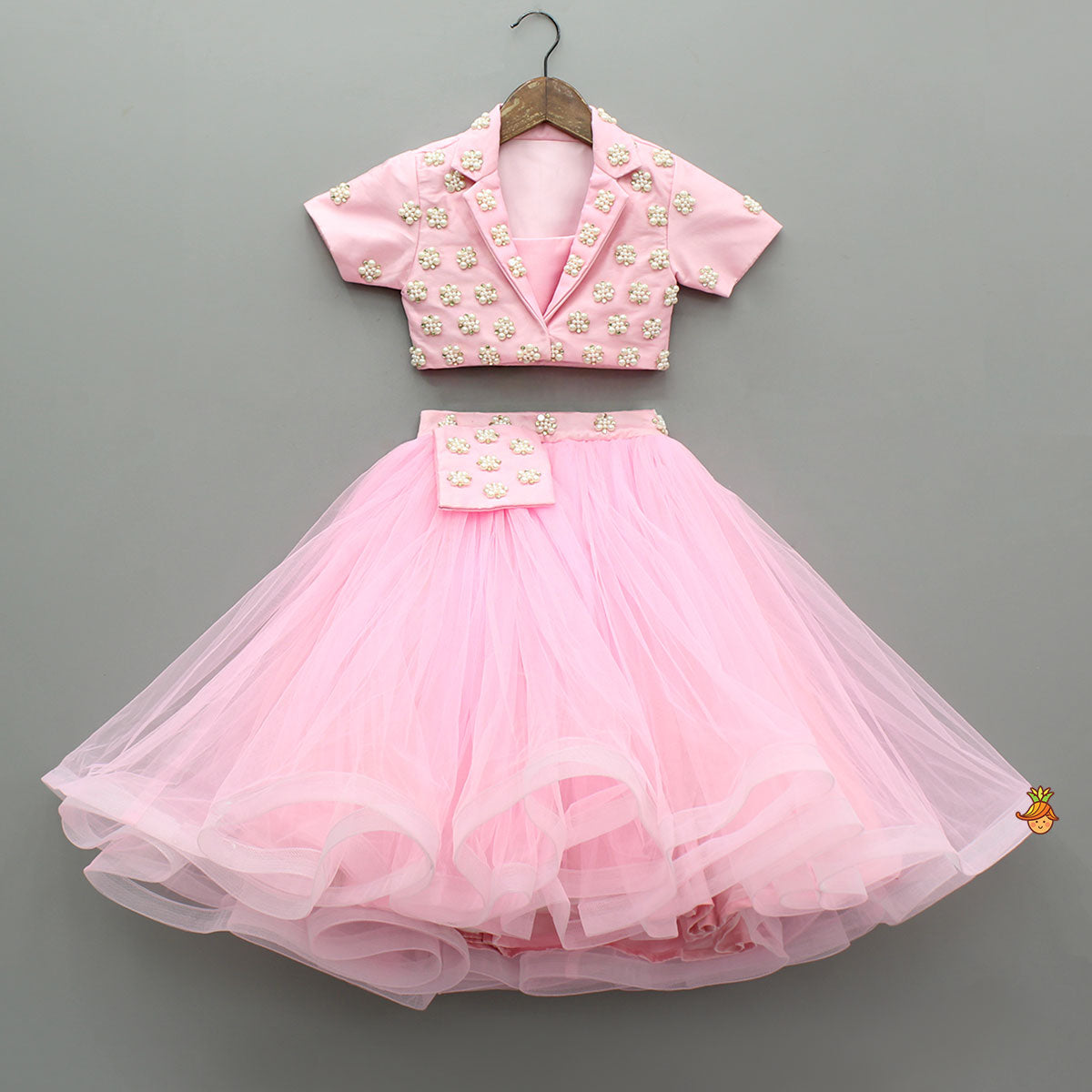 Stylish Pink Crop Blazer Style Top With Flared Lehenga