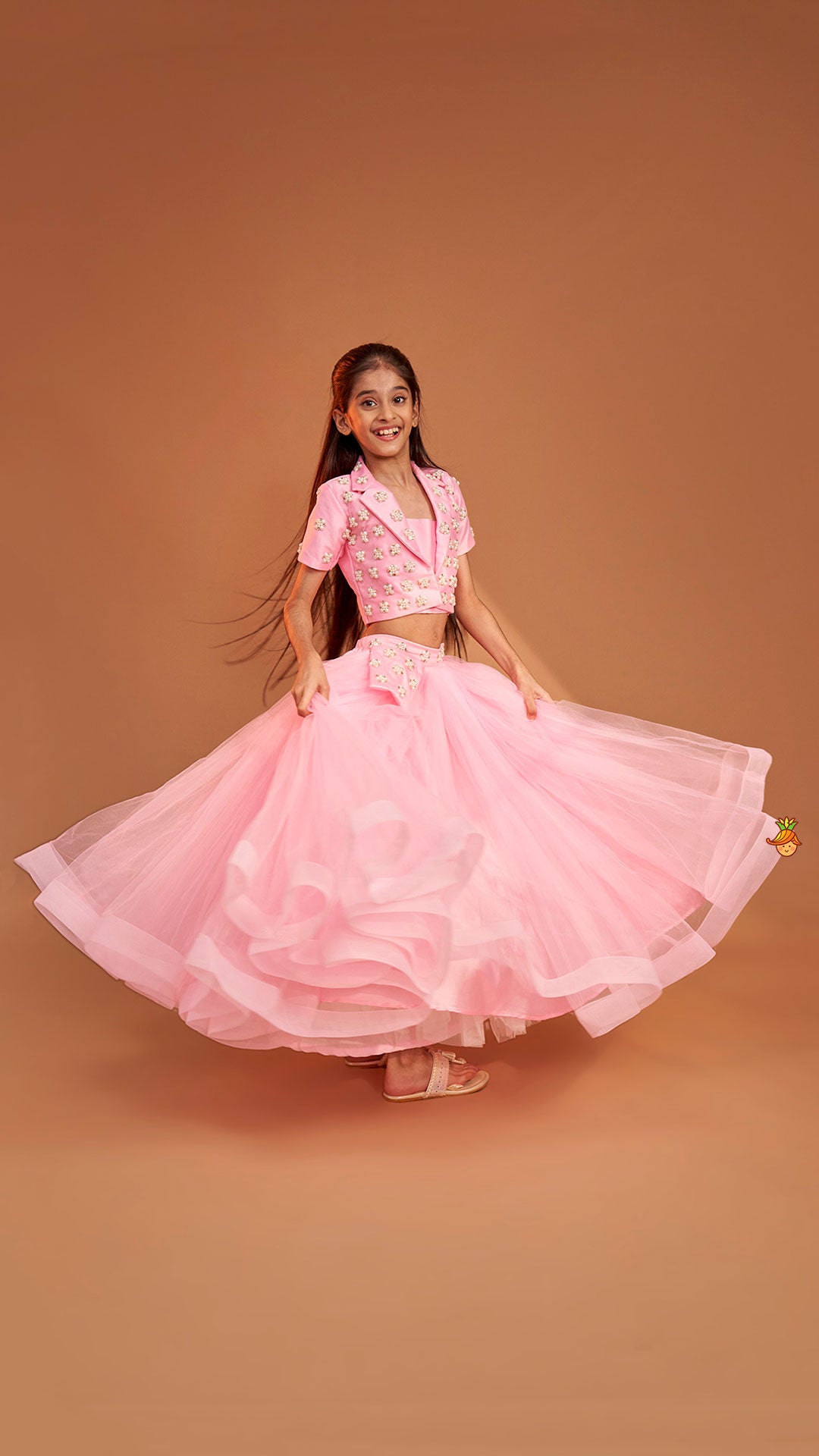 Stylish Pink Crop Blazer Style Top With Flared Lehenga