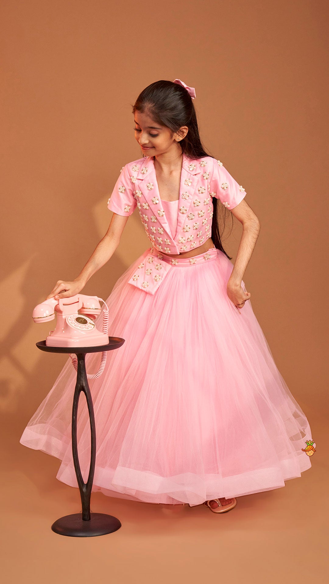 Stylish Pink Crop Blazer Style Top With Flared Lehenga