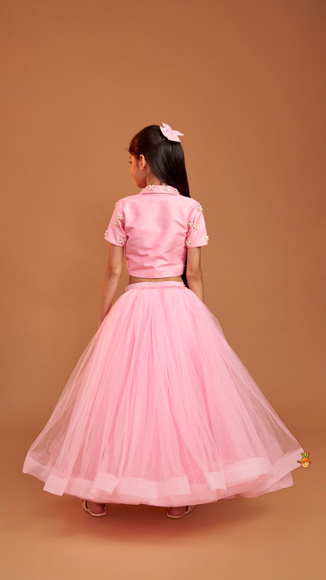 Stylish Pink Crop Blazer Style Top With Flared Lehenga