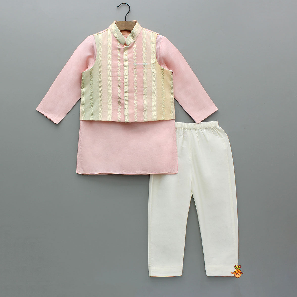 Pink Kurta With Zari Detailed Multi Tone Jacket And Pyjama