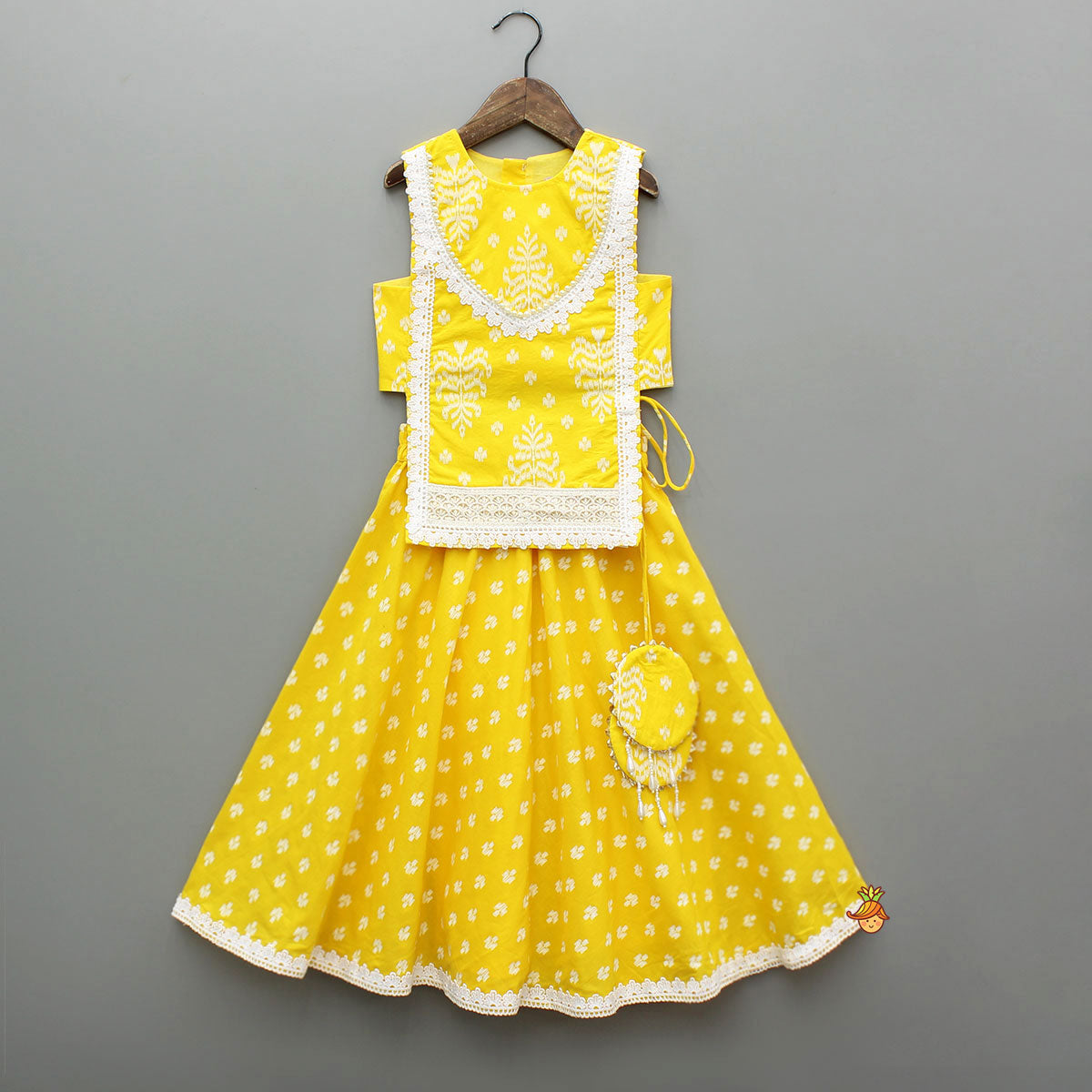 Yellow Cotton Stylish Hem Top With Matching Lehenga