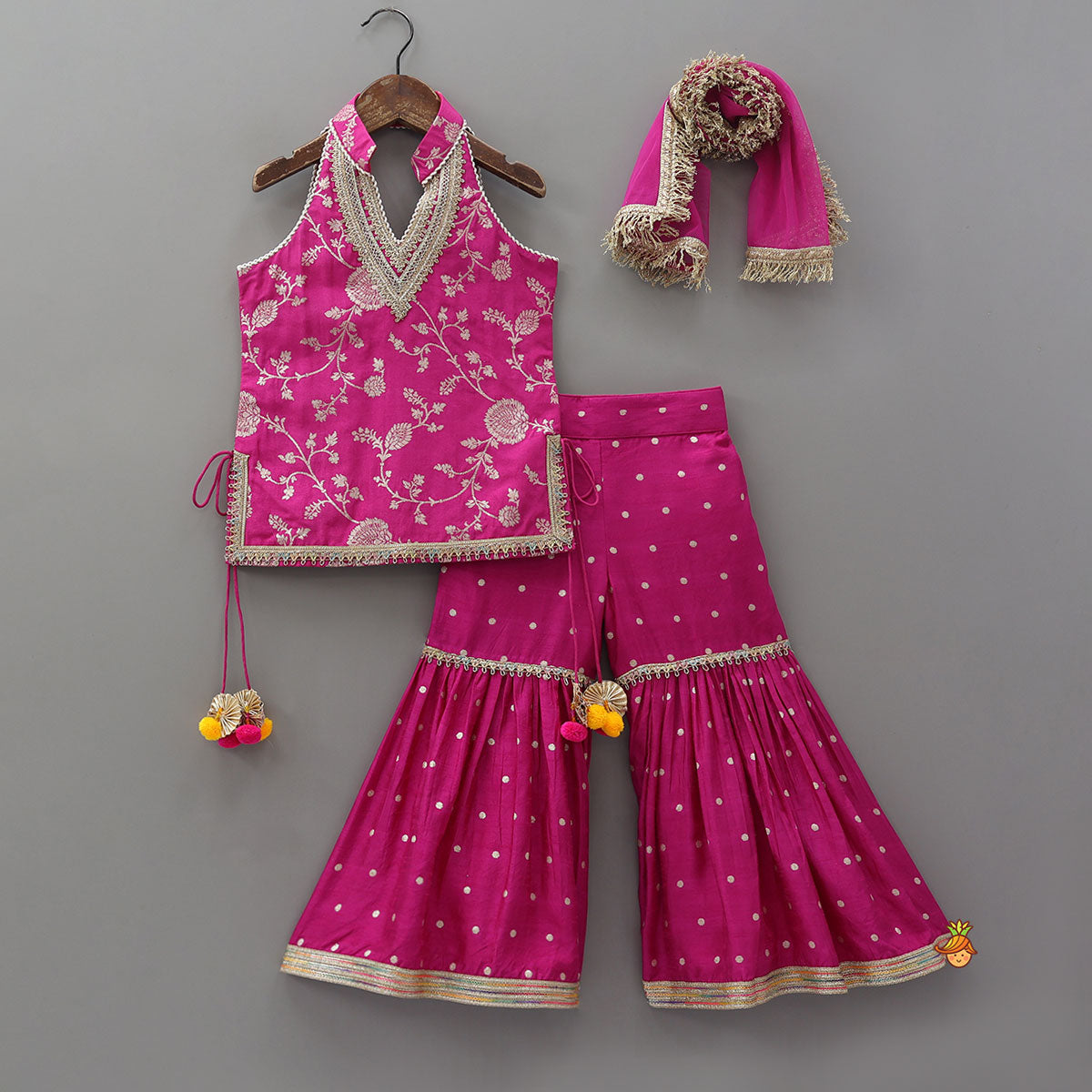 Gorgeous Pink Halter Neck Embroidered Kurti With Sharara And Dupatta