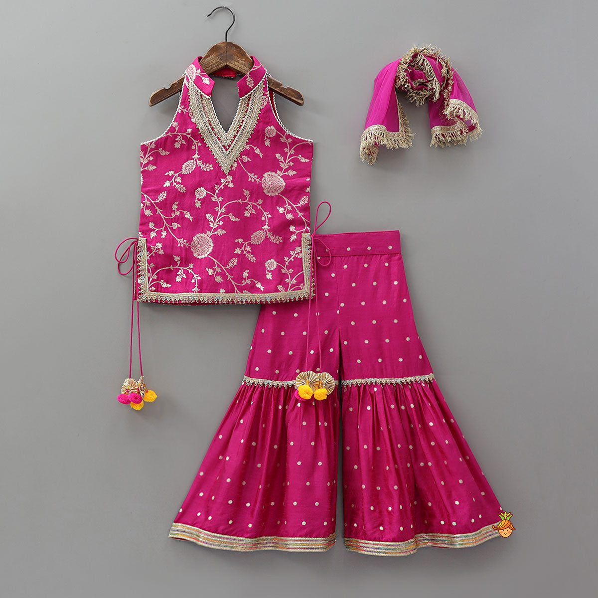 Gorgeous Pink Halter Neck Embroidered Kurti With Sharara And Dupatta