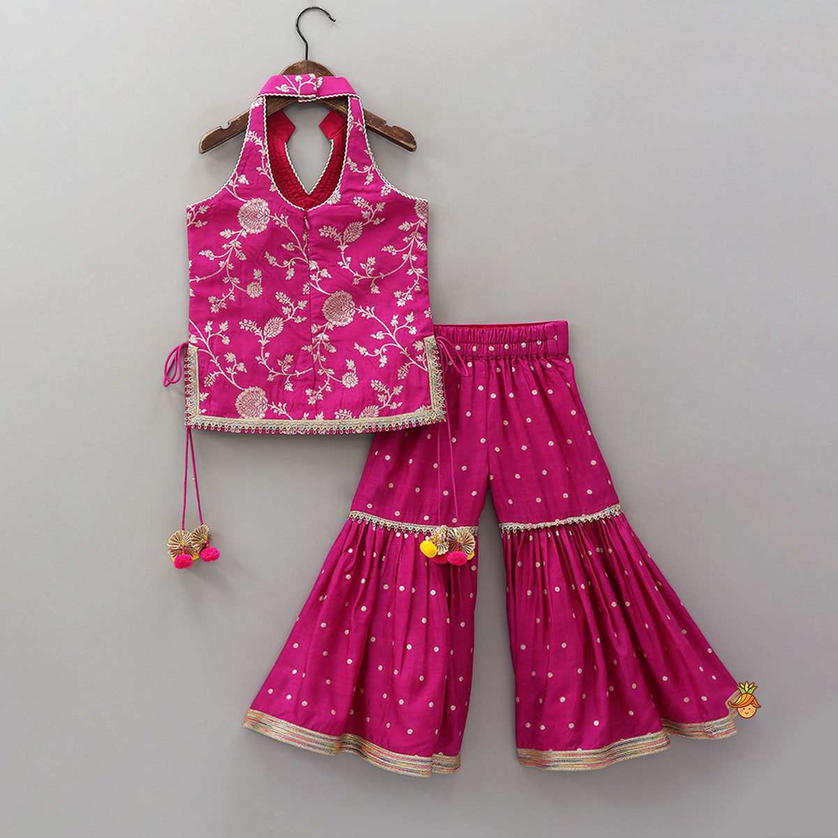 Gorgeous Pink Halter Neck Embroidered Kurti With Sharara And Dupatta