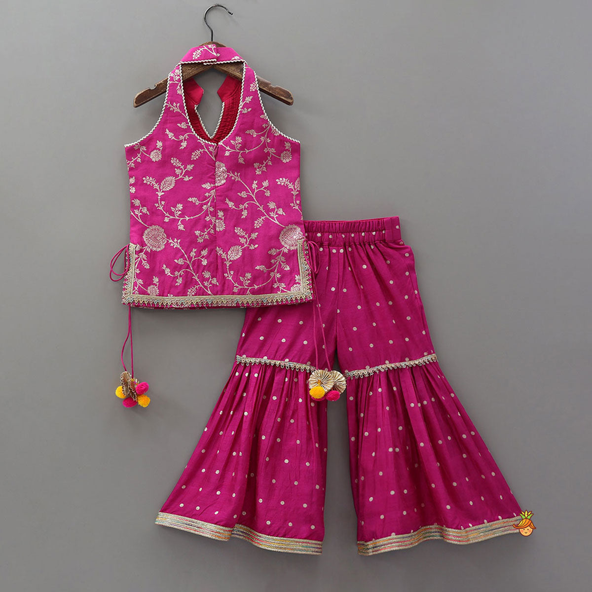 Gorgeous Pink Halter Neck Embroidered Kurti With Sharara And Dupatta