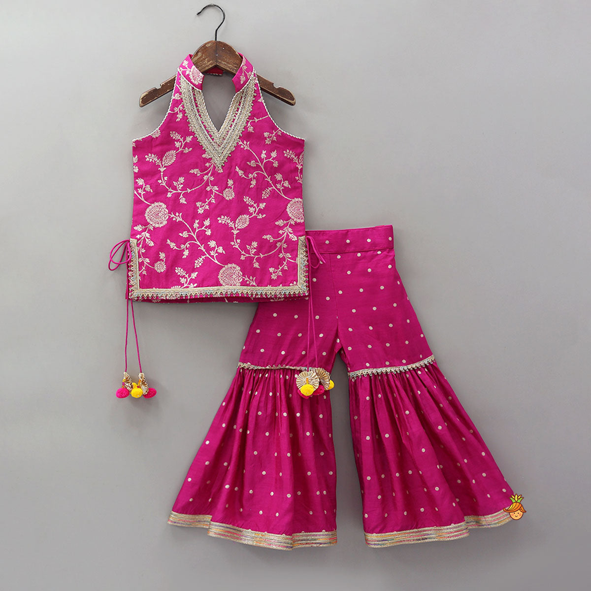 Gorgeous Pink Halter Neck Embroidered Kurti With Sharara And Dupatta