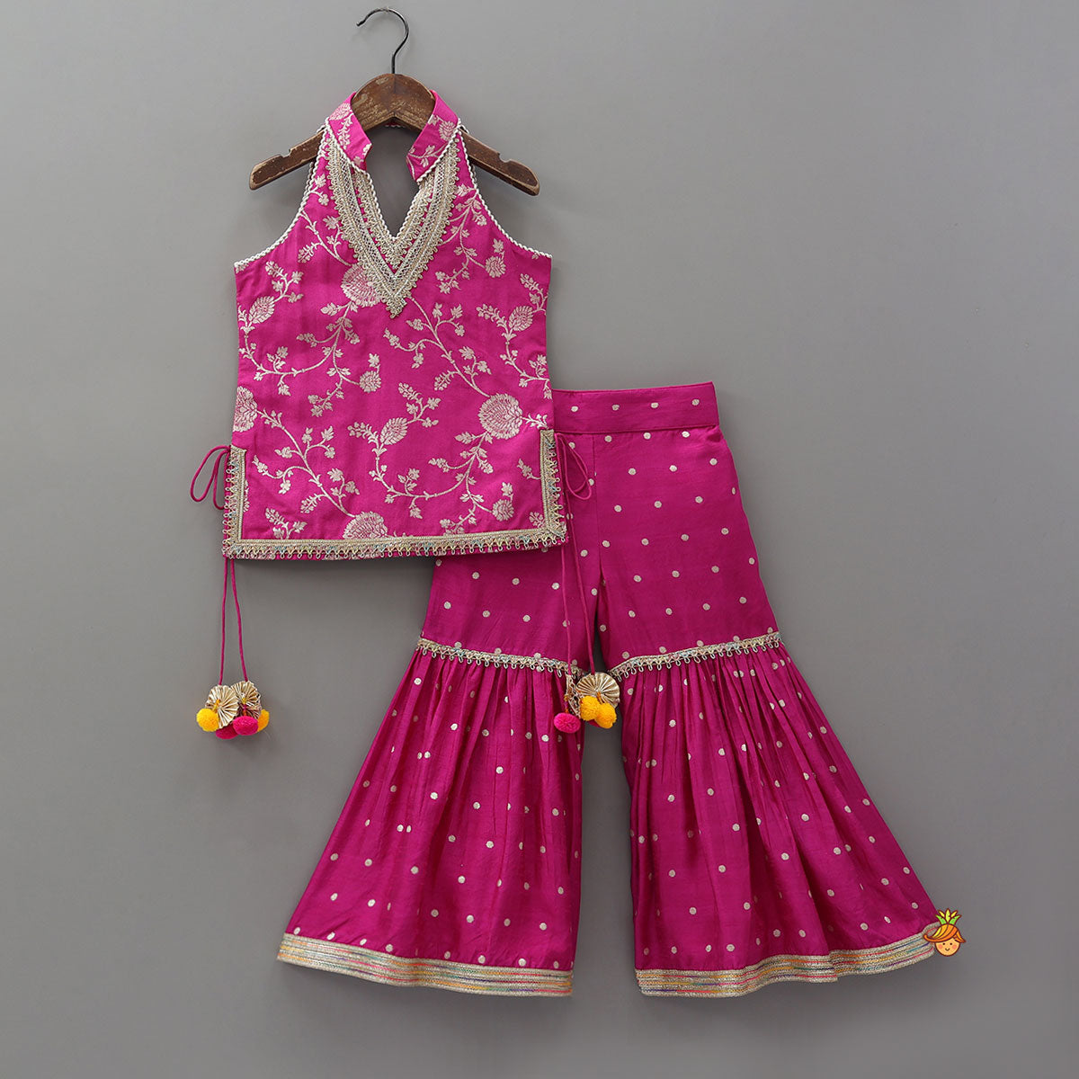 Gorgeous Pink Halter Neck Embroidered Kurti With Sharara And Dupatta