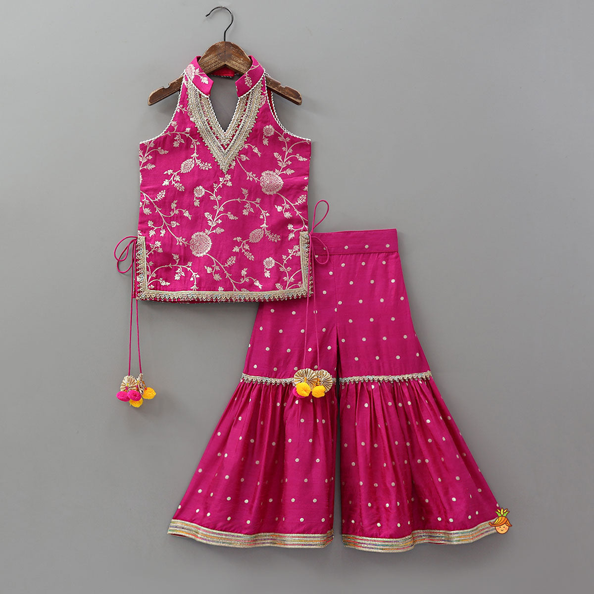 Gorgeous Pink Halter Neck Embroidered Kurti With Sharara And Dupatta