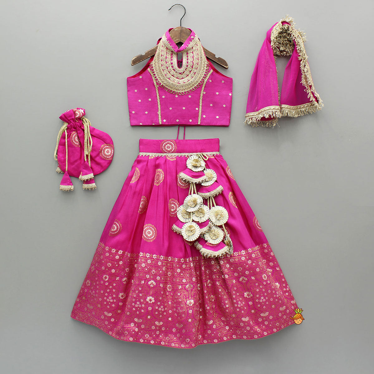 Beautiful Pink Embroidered Halter Neck Top With Lehenga And Dupatta With Potli Bag