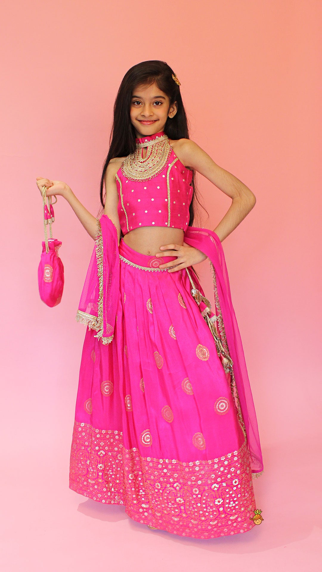 Beautiful Pink Embroidered Halter Neck Top With Lehenga And Dupatta With Potli Bag