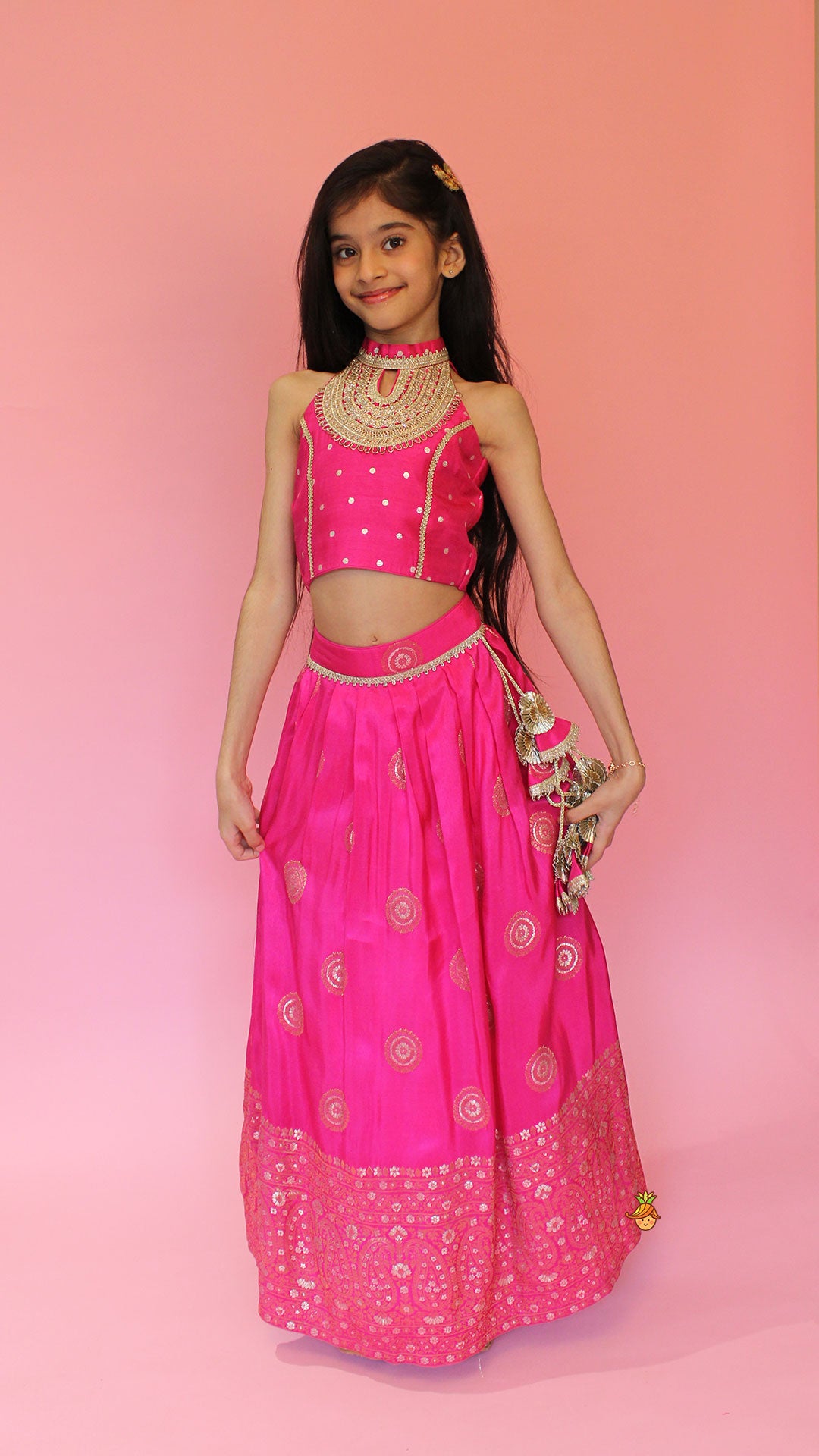 Beautiful Pink Embroidered Halter Neck Top With Lehenga And Dupatta With Potli Bag