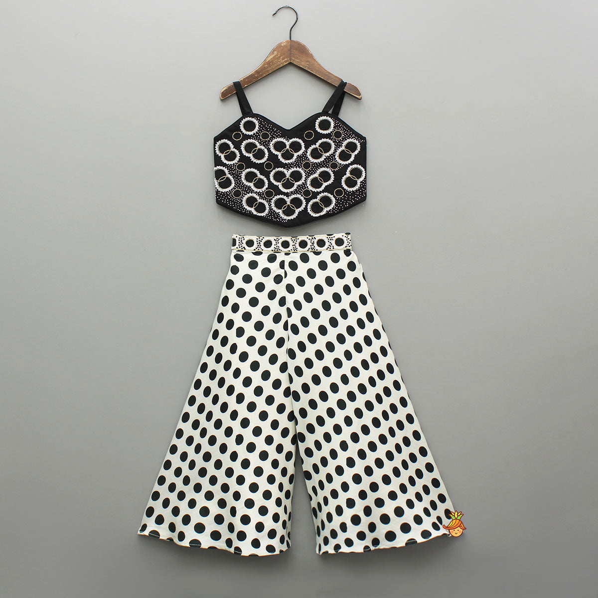 Black Hand Embroidered Top With Polka Dot Palazzo