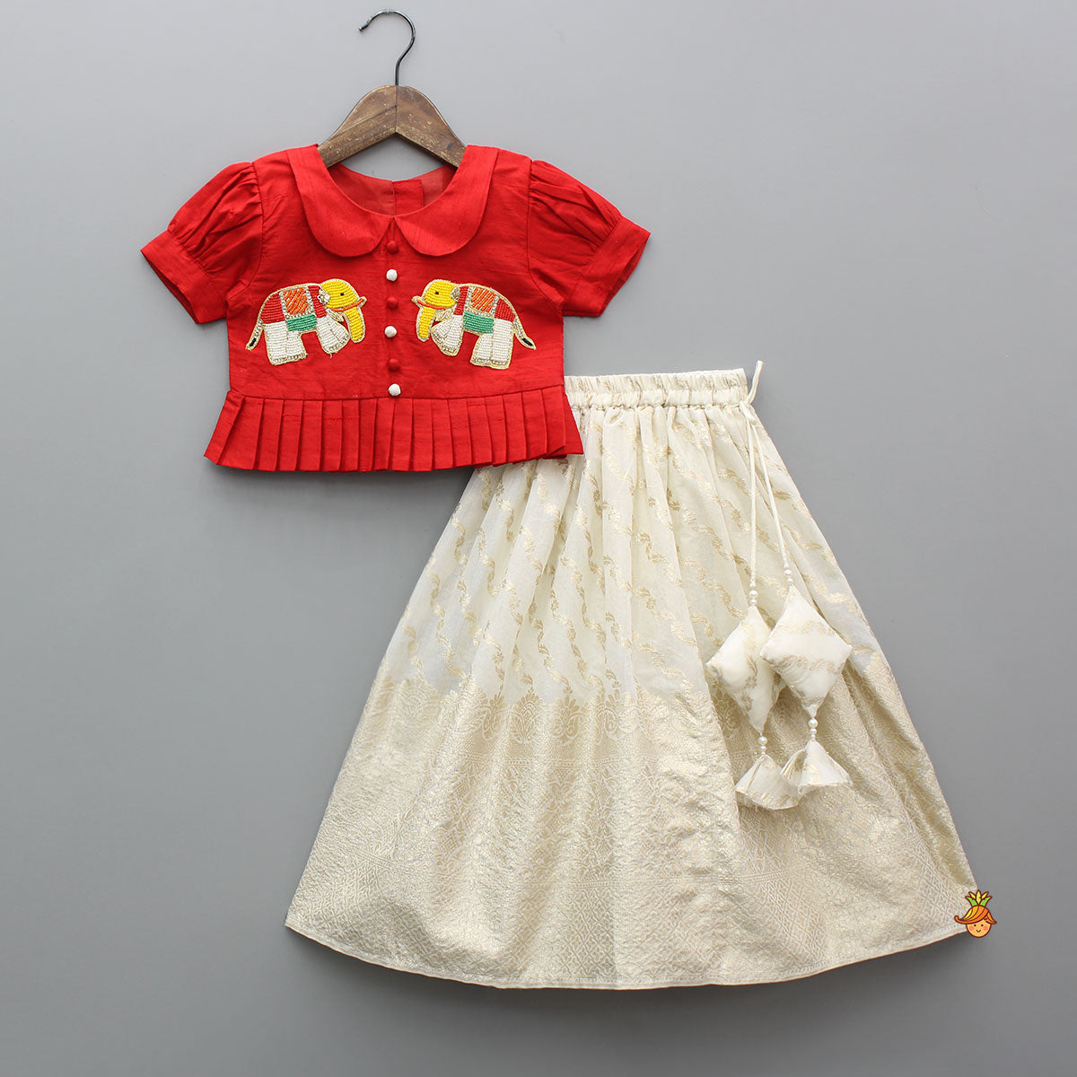 Elegant Elephant Embroidered Red Top With Silk Lehenga