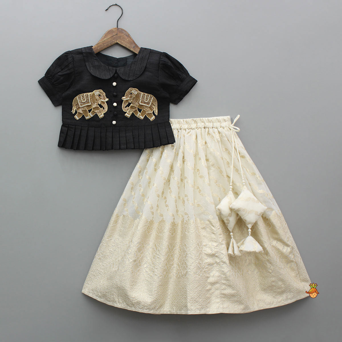 Elegant Elephant Embroidered Black Top With Silk Lehenga